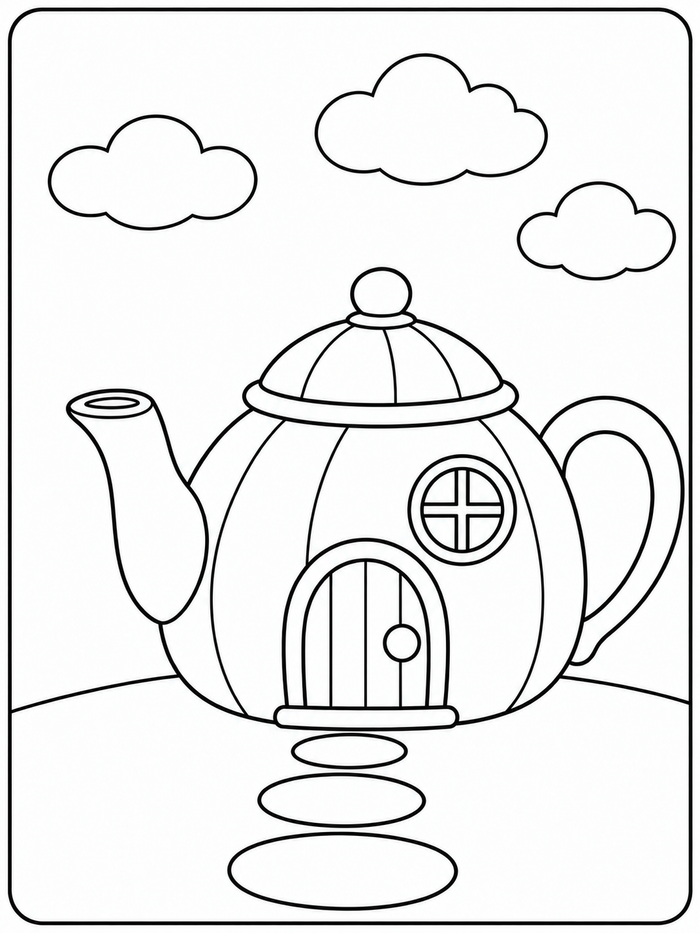A teapot becomes a tiny cottage with a door and round window beneath simple clouds.