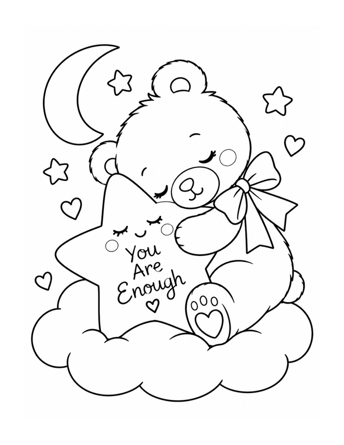 A little bear holds a star beneath a crescent moon with the words You Are Enough.