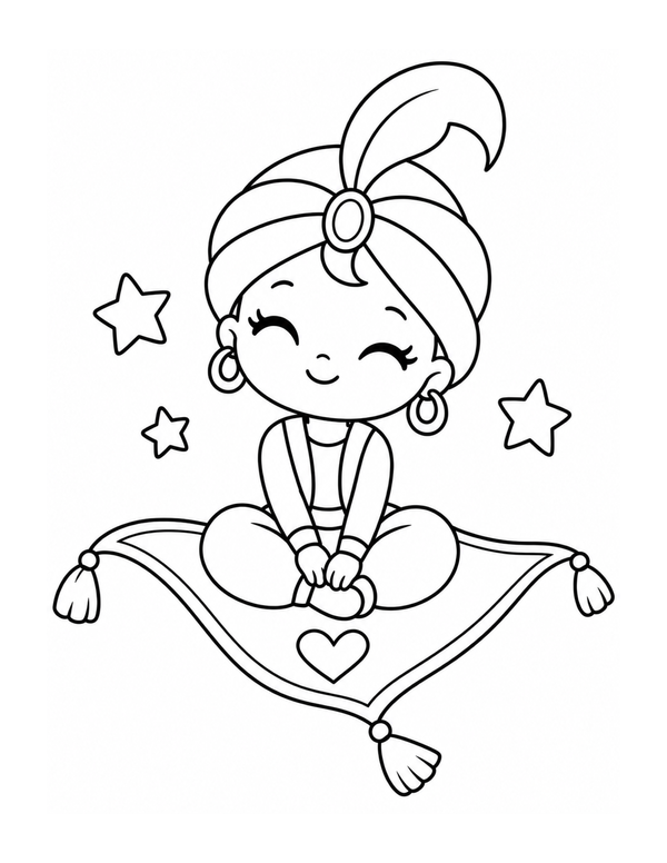 Smiling genie riding a magic carpet coloring page