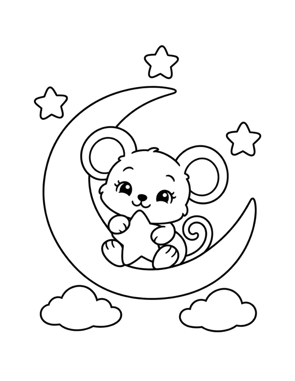 Cute mouse sitting on a crescent moon coloring page