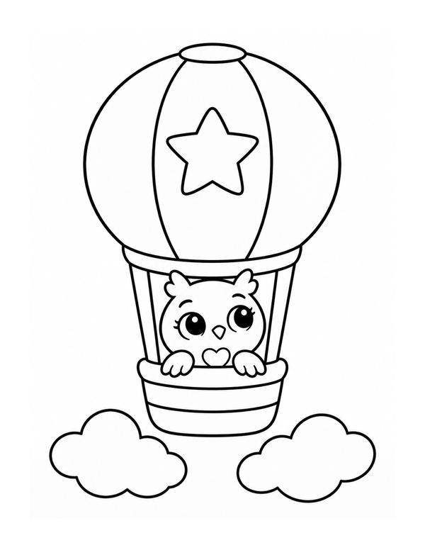 Cute owl riding in a star hot air balloon coloring page