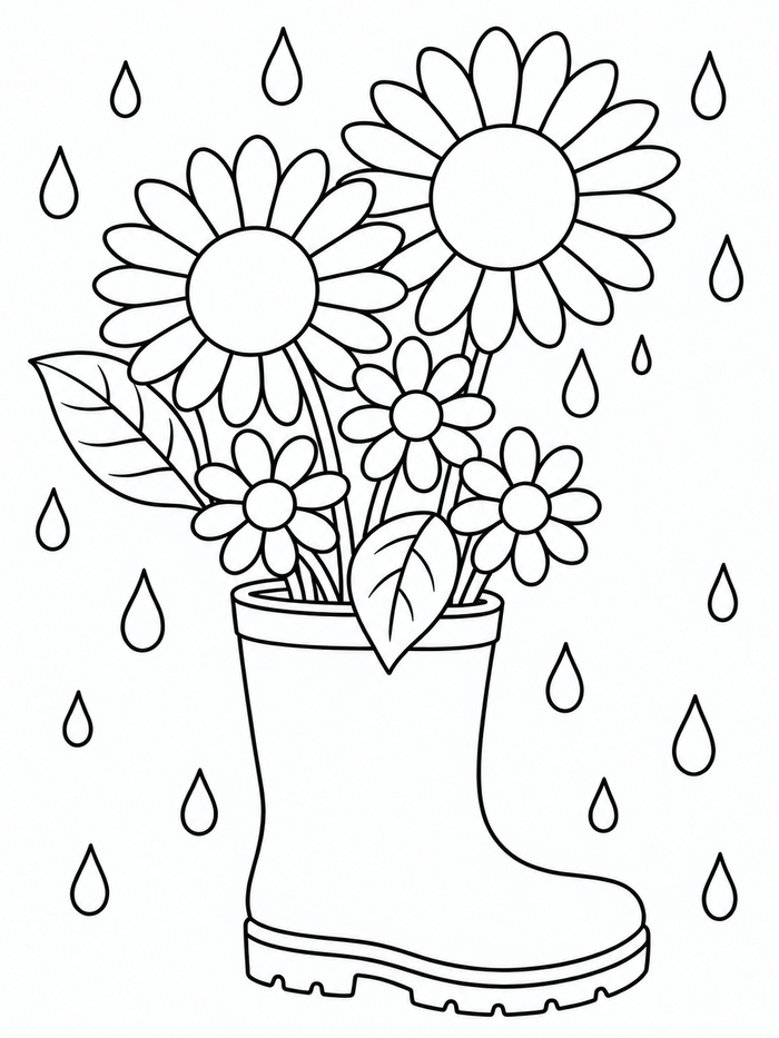 Rain boot holding daisies and smaller flowers, with two leaves and falling raindrops