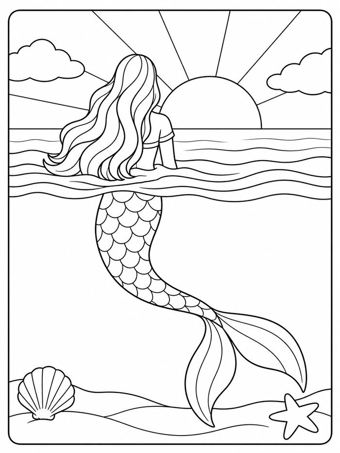 Mermaid seen from behind watching a sunset, with her curved tail beneath the water, a shell and a starfish