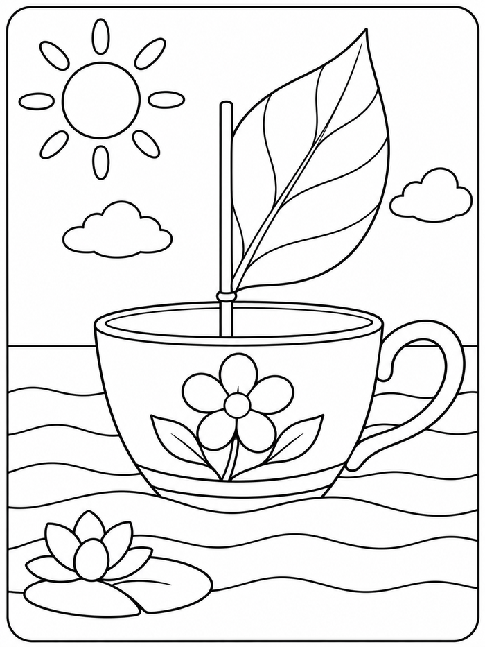Flower-decorated teacup sailboat with a large leaf sail, sunshine, clouds and a water lily