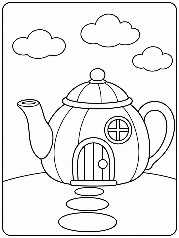 Teapot cottage with an arched door, round window, three stepping stones and three clouds