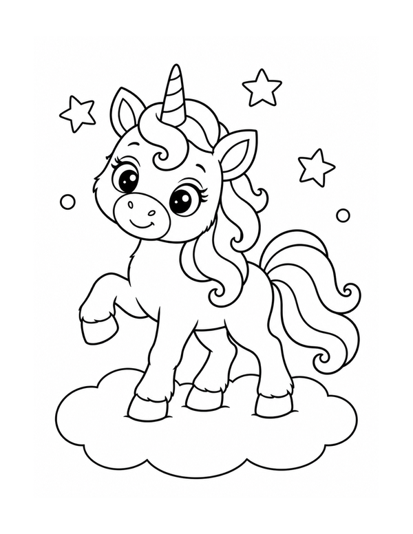 Cute magical unicorn standing on a cloud coloring page