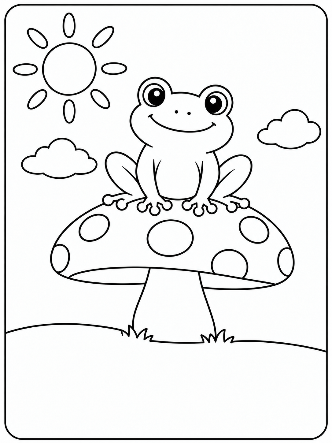 Smiling frog sitting on a large spotted mushroom beneath the sun and two clouds