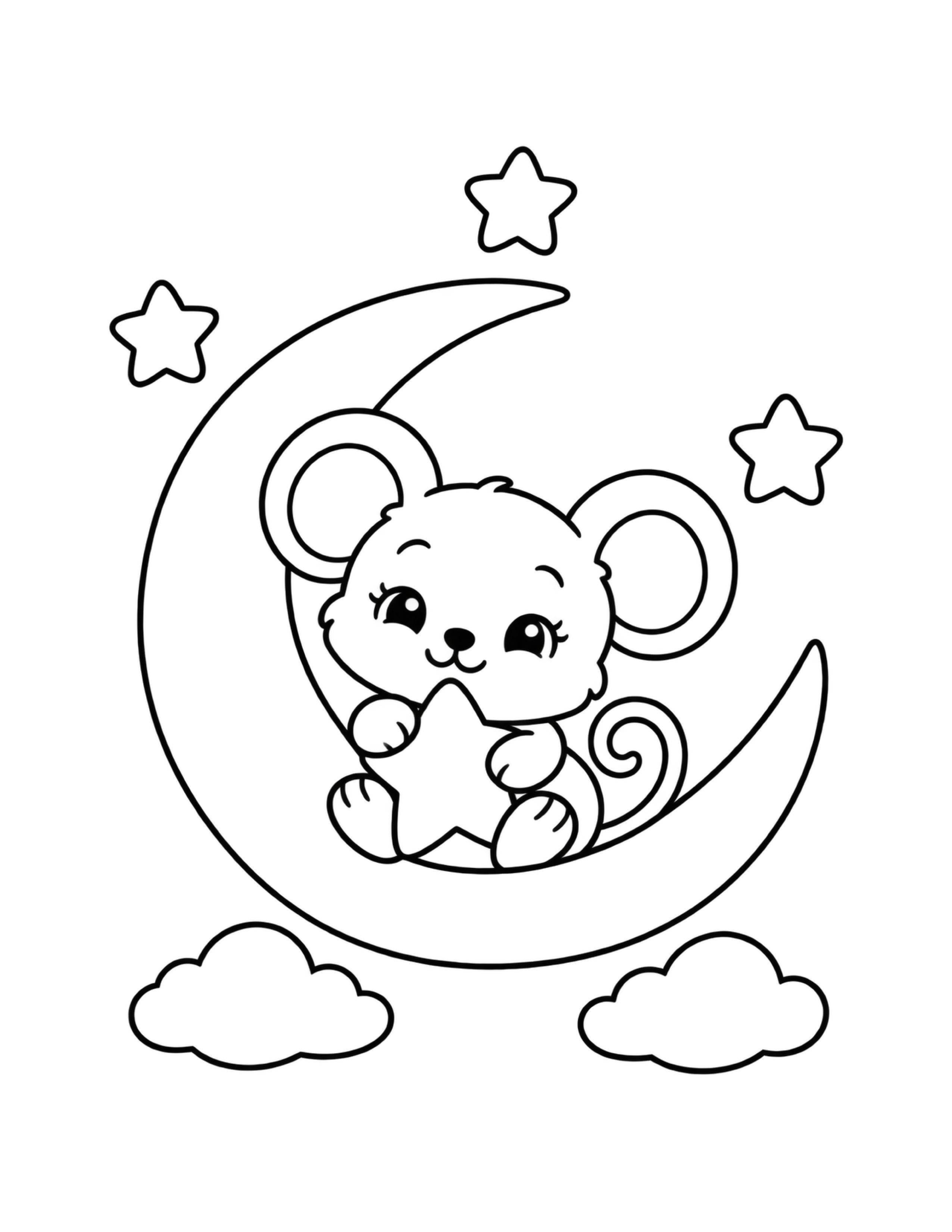 Cute mouse sitting on a crescent moon coloring page
