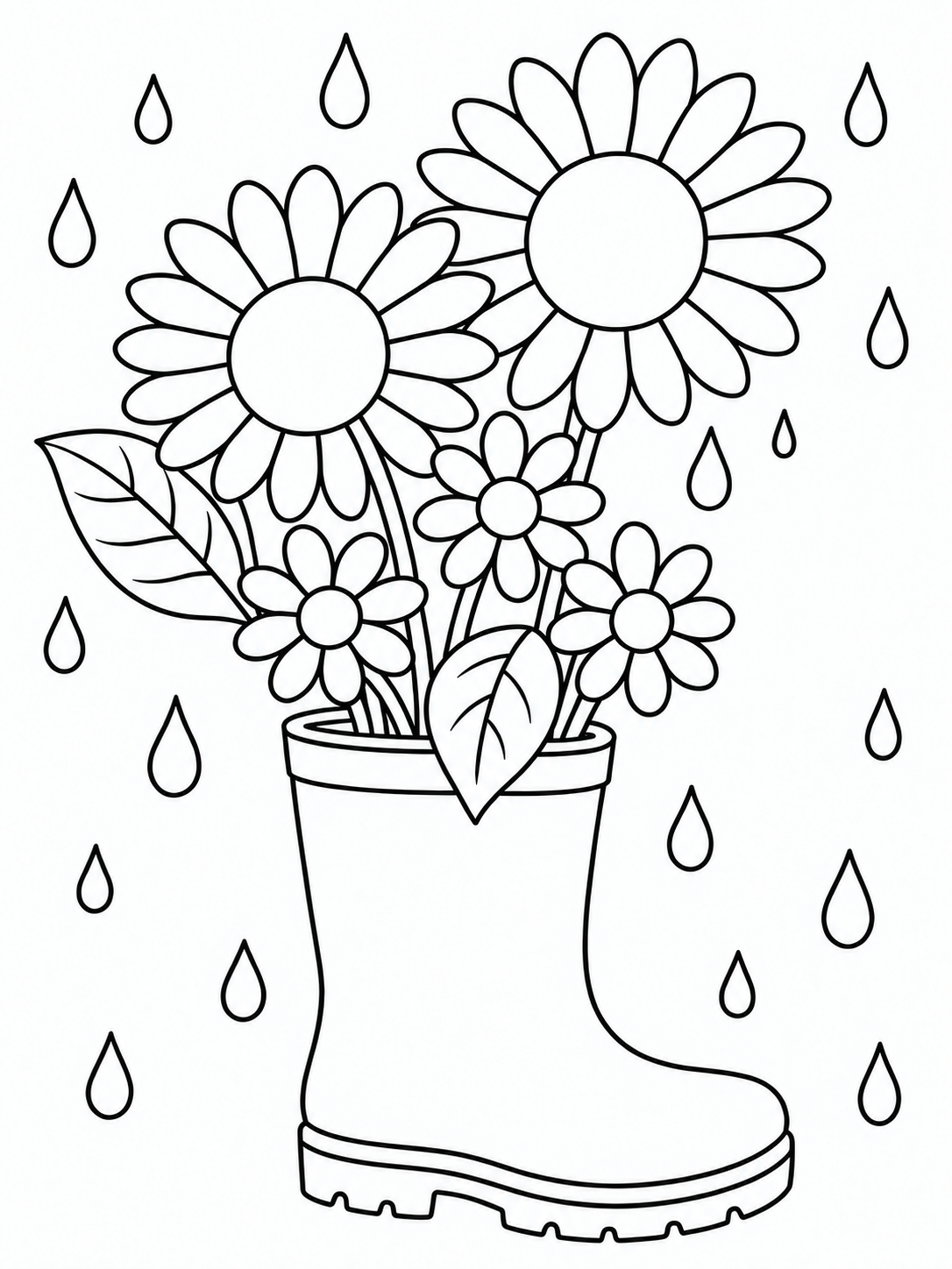 Rain boot holding daisies and smaller flowers, with two leaves and falling raindrops