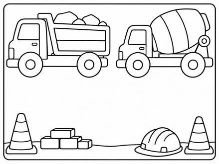 A simple dump truck and cement mixer above traffic cones, stacked bricks and a hard hat, surrounding a broad blank name area.