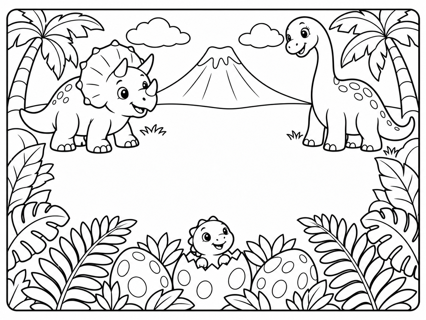 A friendly triceratops and long-neck dinosaur above a hatchling and spotted eggs, framed by tropical leaves around an open name space.