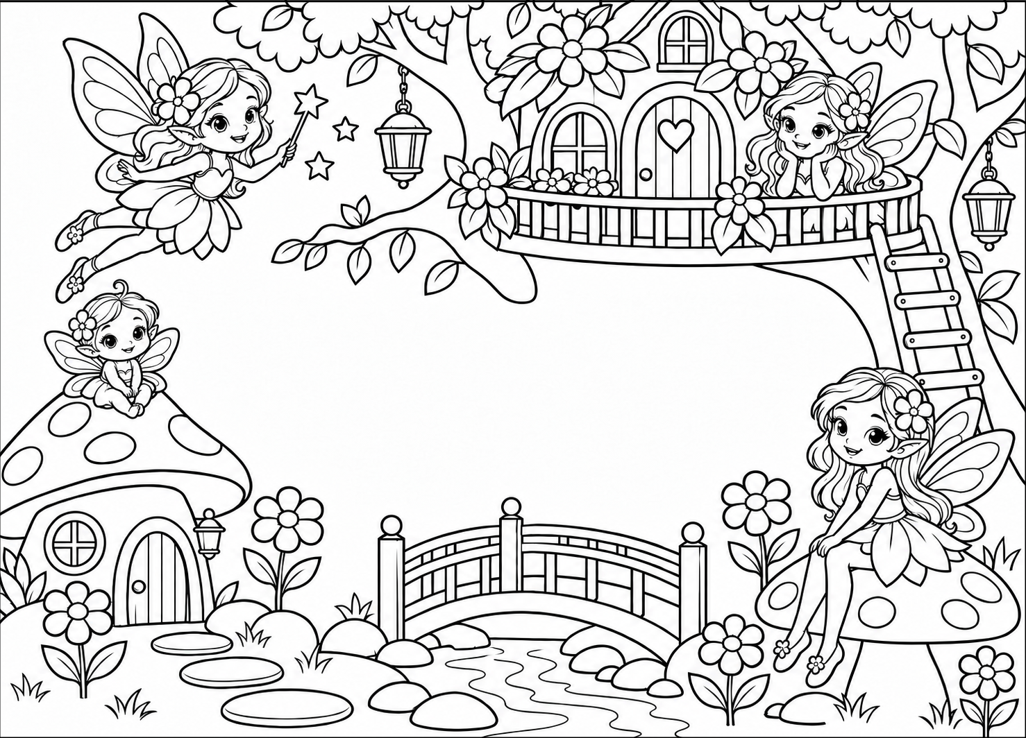 Fairies around a flower-covered treehouse, a mushroom cottage and a bridge over a stream.