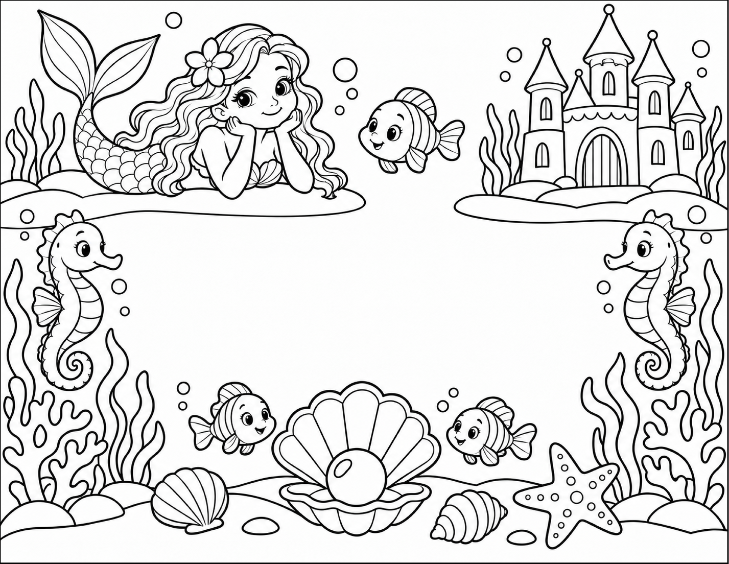 A little mermaid and underwater castle above two seahorses, with shells and a pearl beneath the name space.