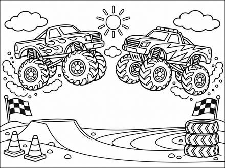 Two monster trucks with flame and lightning designs above racing flags, a stunt ramp and a stack of tires.