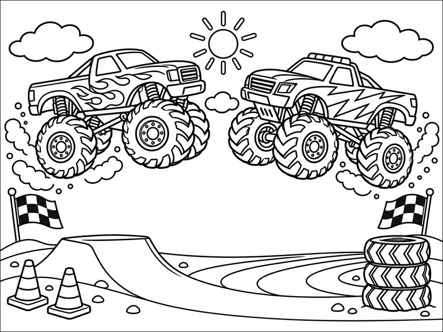 Two monster trucks with flame and lightning designs above racing flags, a stunt ramp and a stack of tires.