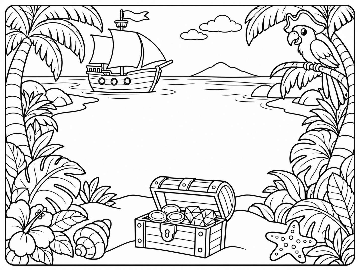 A pirate ship and a parrot in a tricorn hat above an open treasure chest, with palms and tropical leaves along both sides of a blank name clearing.