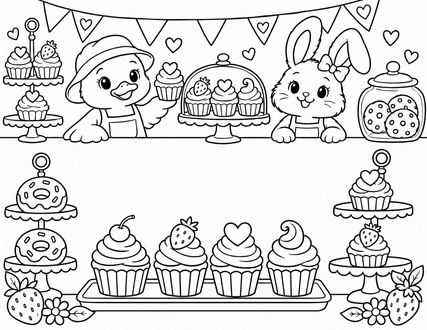 Puddle Duck and a bunny behind a bakery counter, with cupcakes and doughnuts around a blank name space.