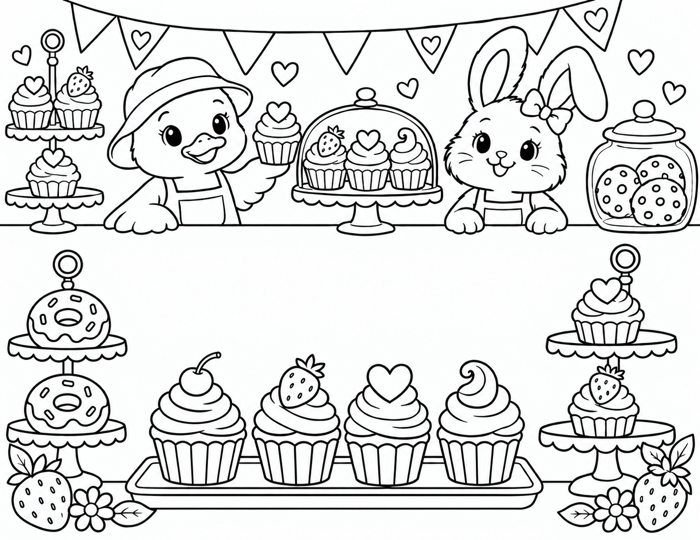 Puddle Duck and a bunny behind a bakery counter, with cupcakes and doughnuts around a blank name space.