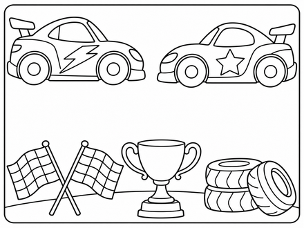 Two simple race cars decorated with a lightning bolt and star, above checkered flags, a trophy and racing tires around an open name space.