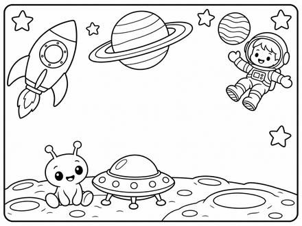 A rocket, smiling astronaut and ringed planet above a friendly alien and flying saucer, with a blank central area for a name.