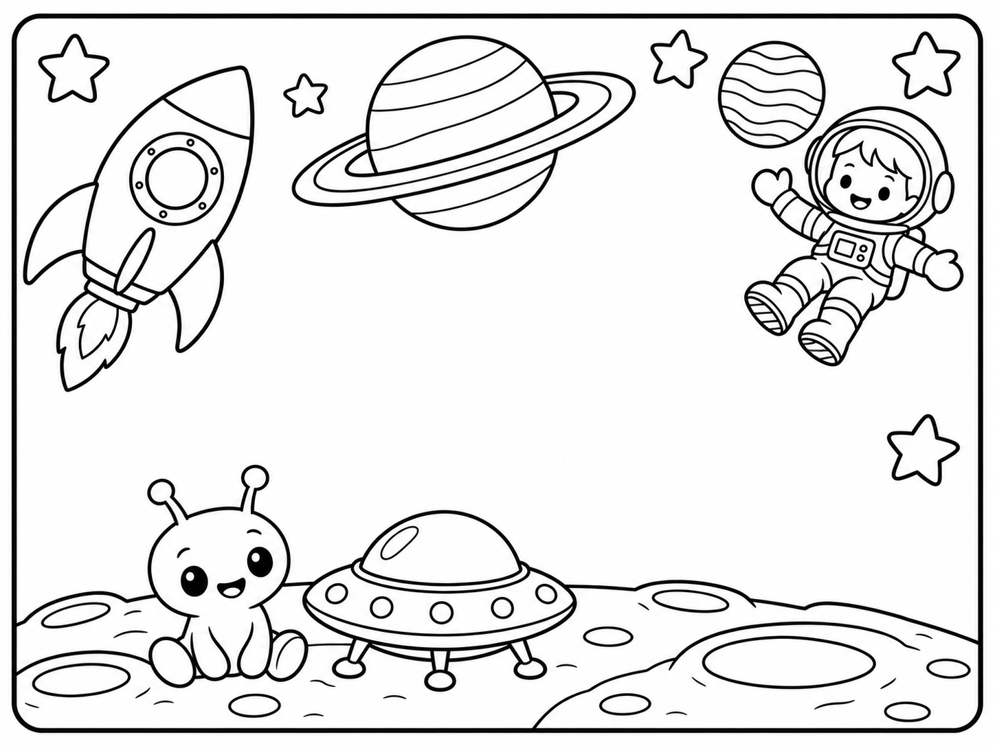 A rocket, smiling astronaut and ringed planet above a friendly alien and flying saucer, with a blank central area for a name.