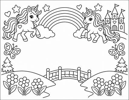 Two unicorns beside a rainbow and flowers, with room for a name.