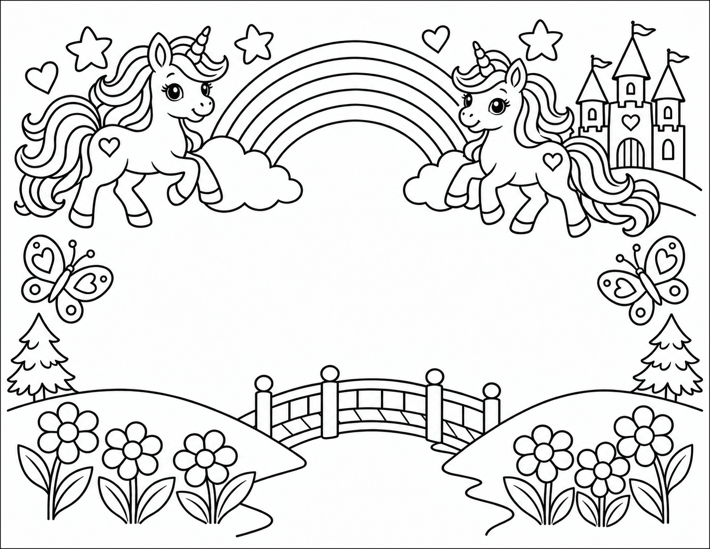 Two unicorns beside a rainbow and flowers, with room for a name.
