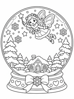A winter fairy flying over a snowy cottage inside a round snow globe with a snowflake bow on the base.