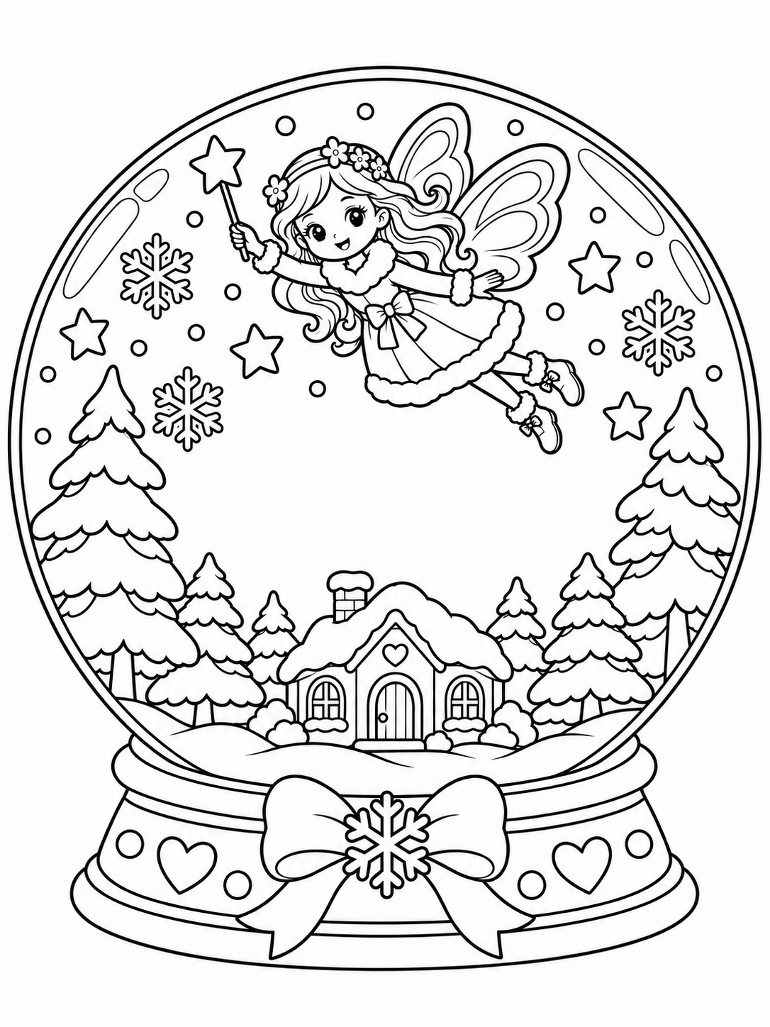 A winter fairy flying over a snowy cottage inside a round snow globe with a snowflake bow on the base.