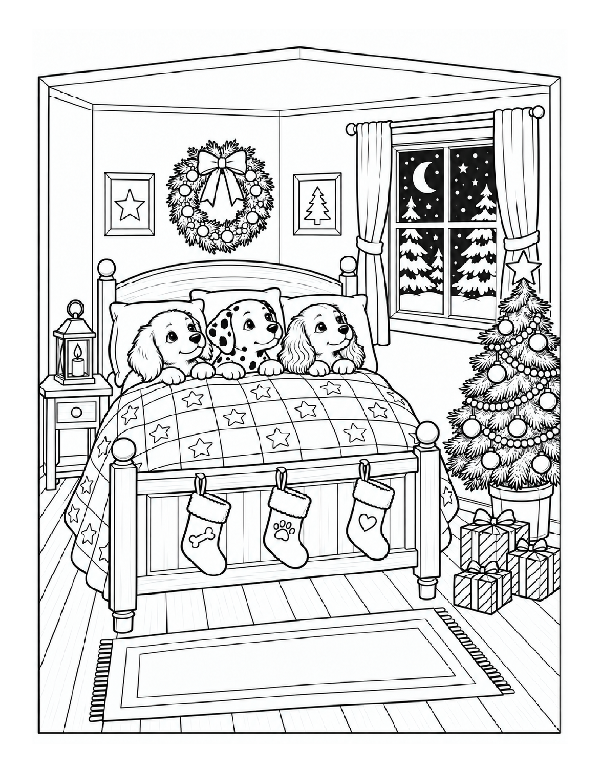 Free printable Christmas coloring page with three puppies in bed looking out the window for Santa