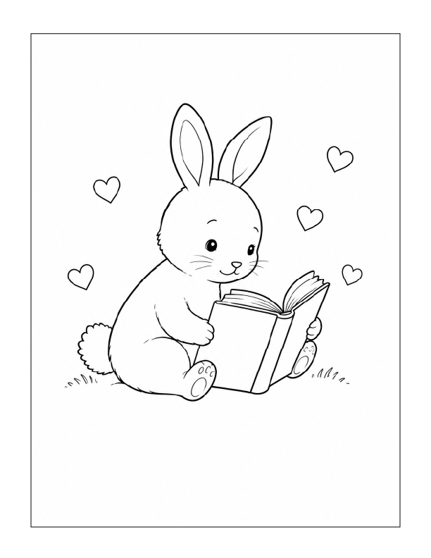 Free printable bunny reading a book coloring page