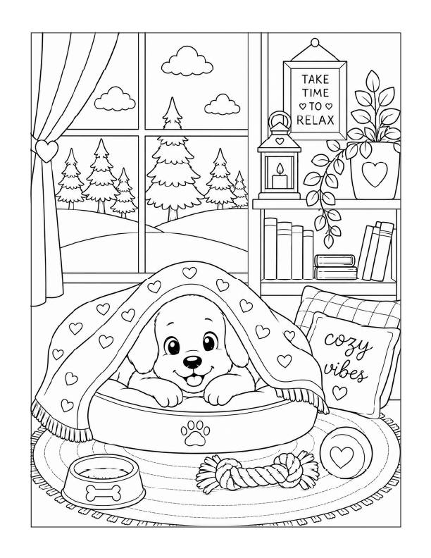 Free printable cozy puppy under a blanket coloring page