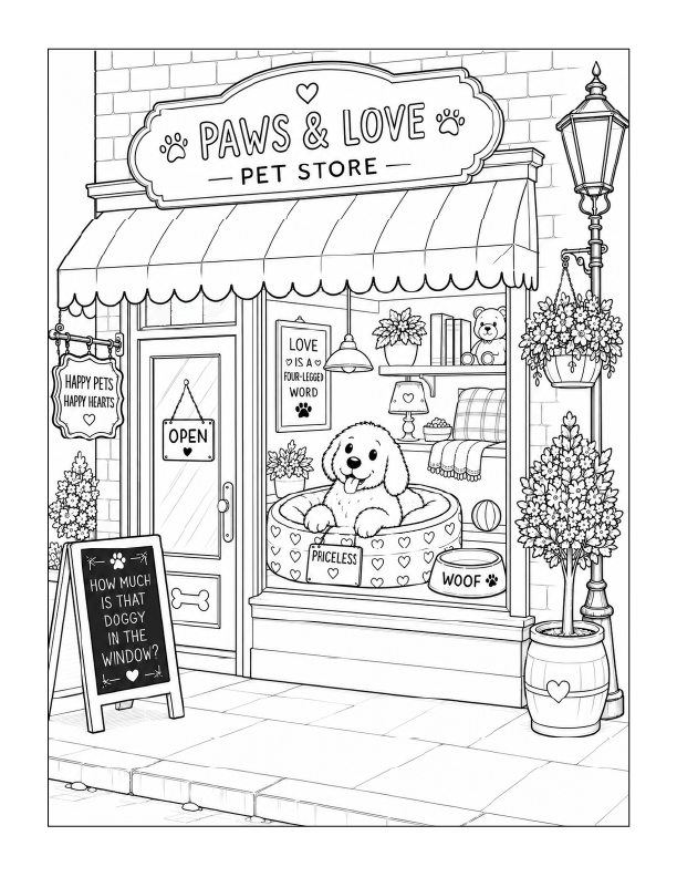 Free printable doggie in the window coloring page