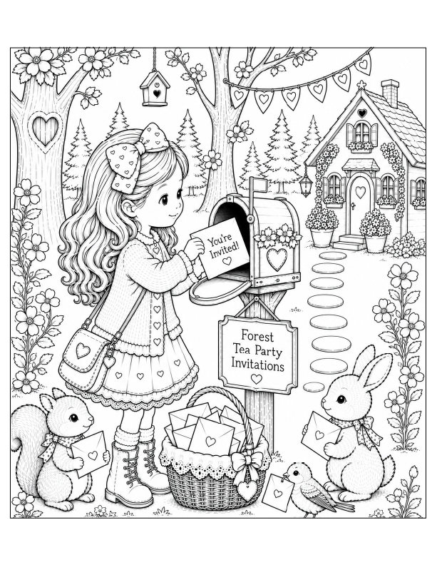 Free printable forest friends tea party coloring page