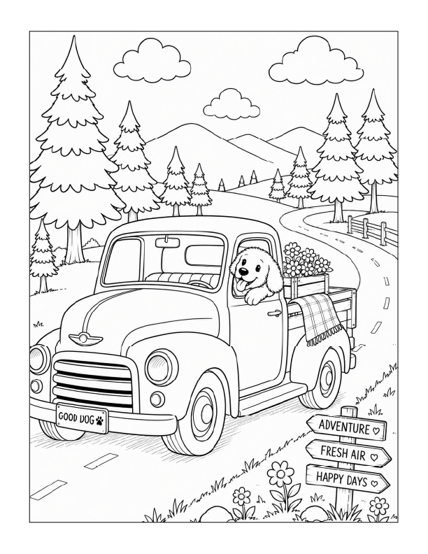 Free printable happy dog country adventure coloring page