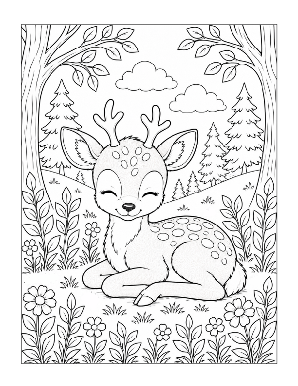 Free printable kawaii fawn woodland animal coloring page
