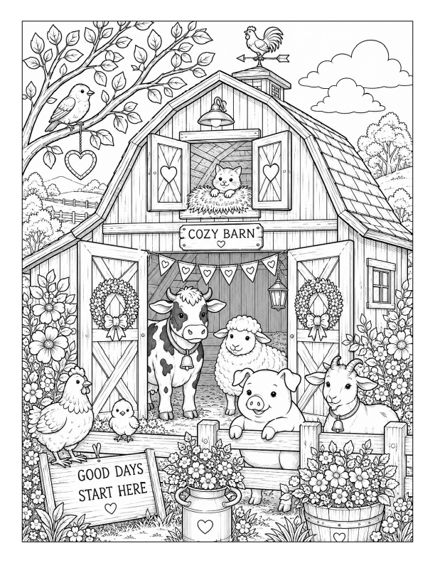 Free printable cozy farm animal barn coloring page