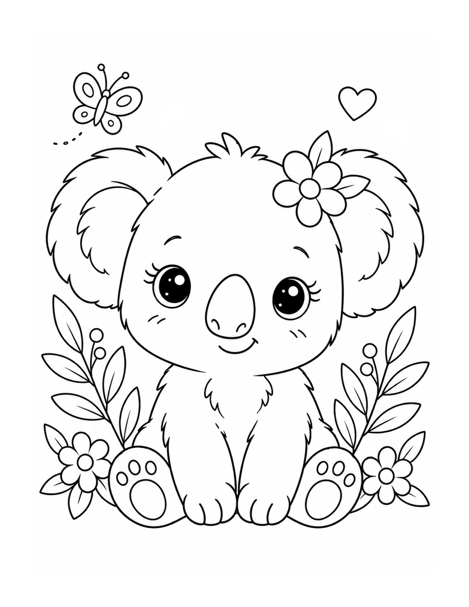 A baby koala sits among simple flowers and leafy sprigs.