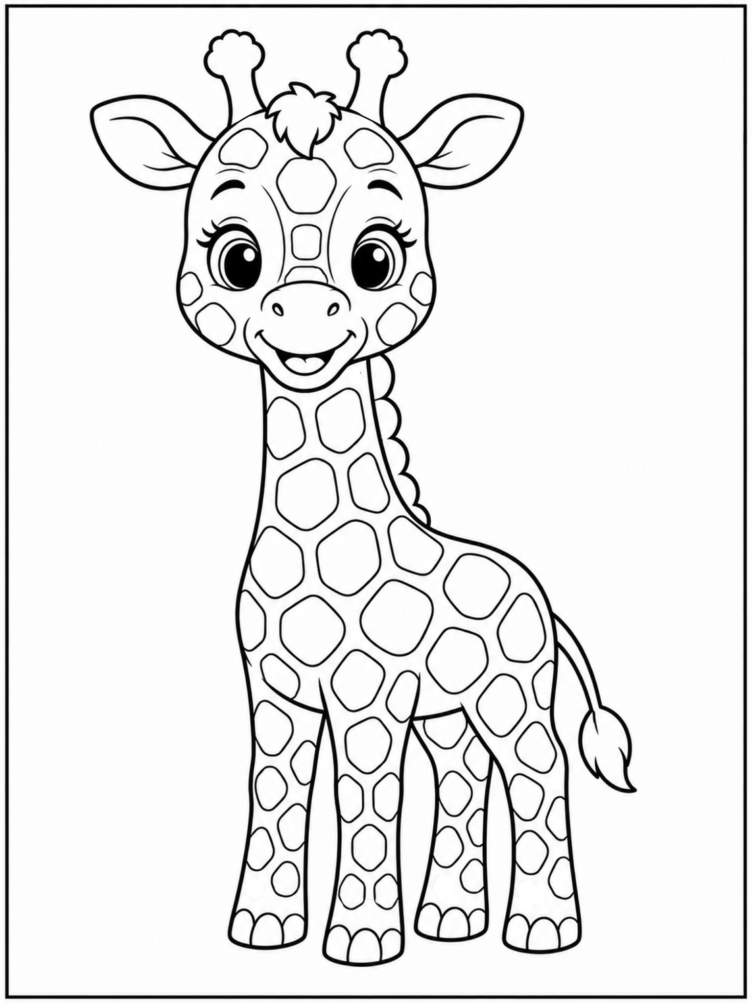 A friendly giraffe with a long neck, rounded spots, and a cheerful expression.