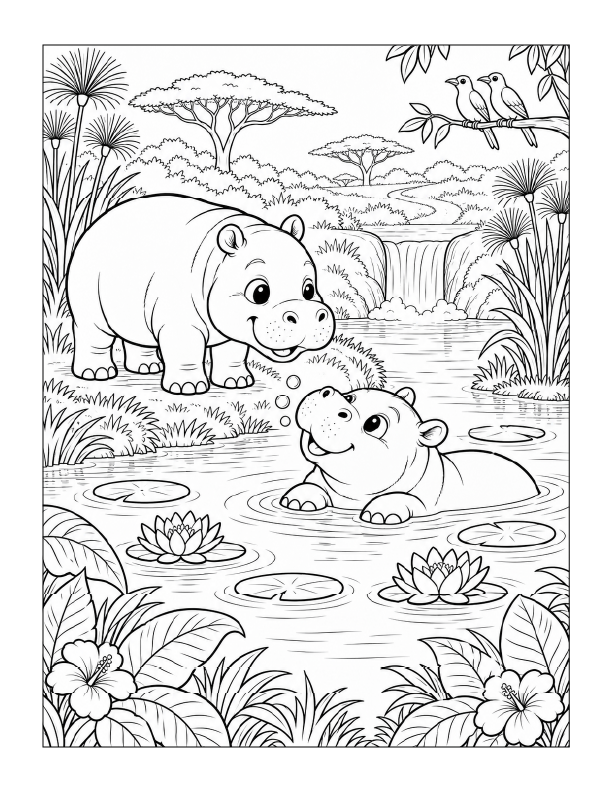 Free printable happy hippos playing in the river coloring page with two hippos, lily pads, tropical plants, birds, and a waterfall