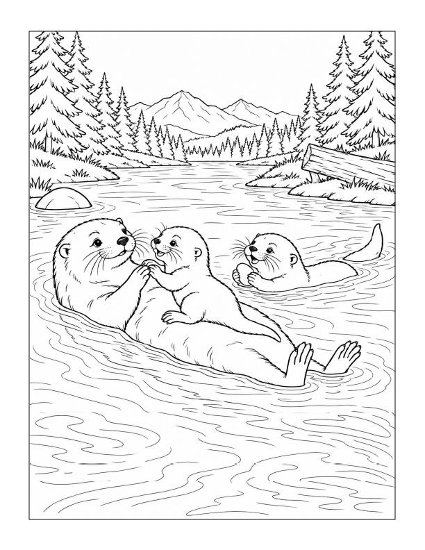 Free printable happy otter family swimming in the river coloring page with three playful otters, pine trees, mountains, and rippling water