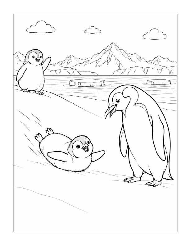 Free printable happy penguins sledding in the winter coloring page with an adult penguin and playful young penguins on a snowy mountain landscape