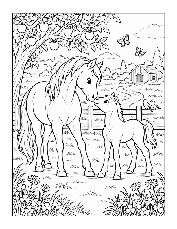 Free printable mama horse and foal in the apple orchard coloring page with apple trees, flowers, butterflies, a fence, birds, and a small barn