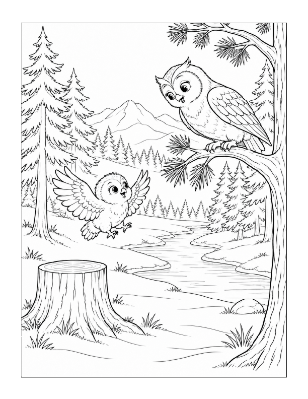 Free printable mama owl watches baby owl fly coloring page with two owls in a pine forest beside a winding river and distant mountains