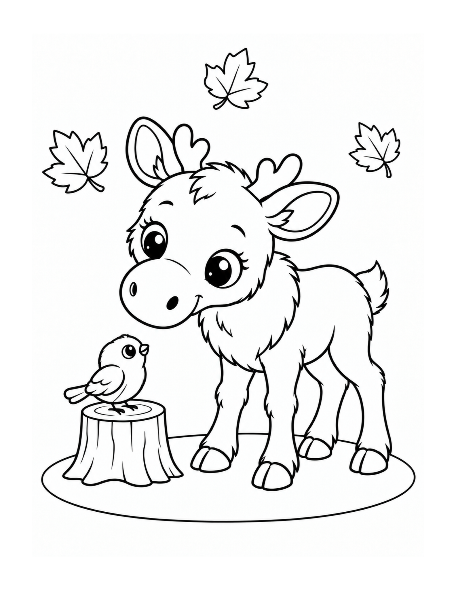 A moose calf stands beside a stump with a little bird and falling leaves.