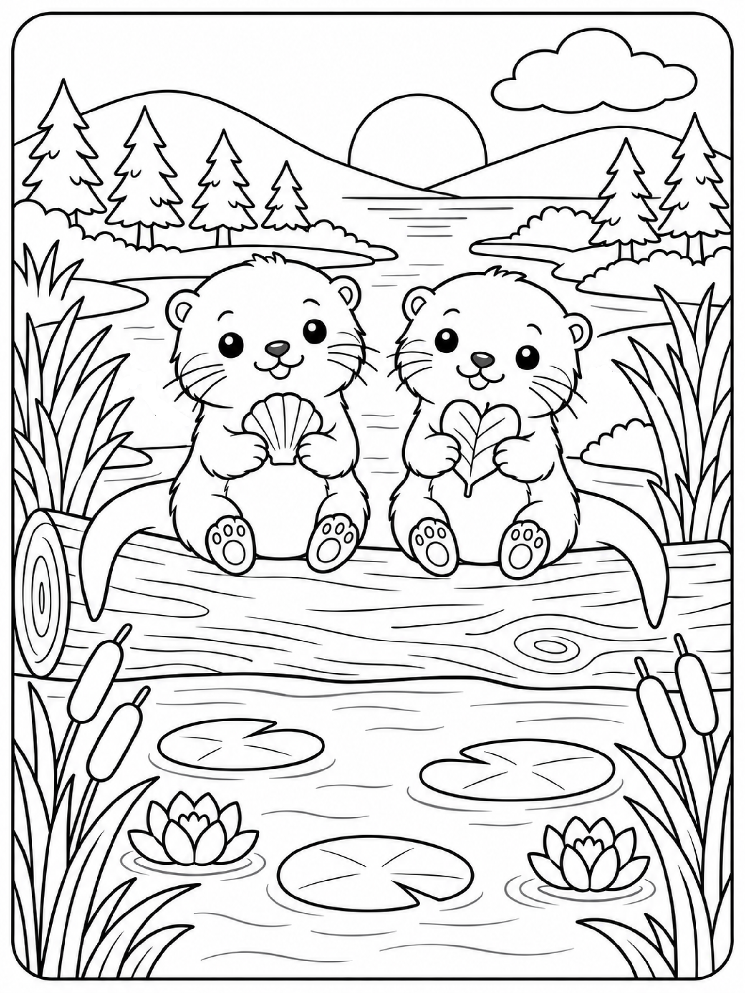 Free printable otters relaxing on a log coloring page