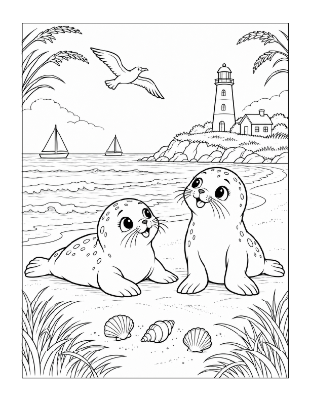 Free printable playful baby seals on the beach coloring page with a lighthouse, sailboats, seashells, and ocean waves