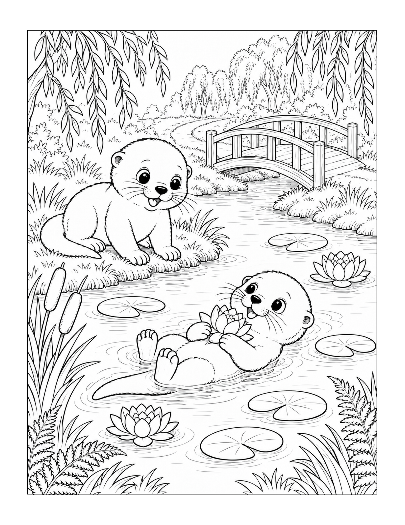 Free printable playful otters by the stream coloring page