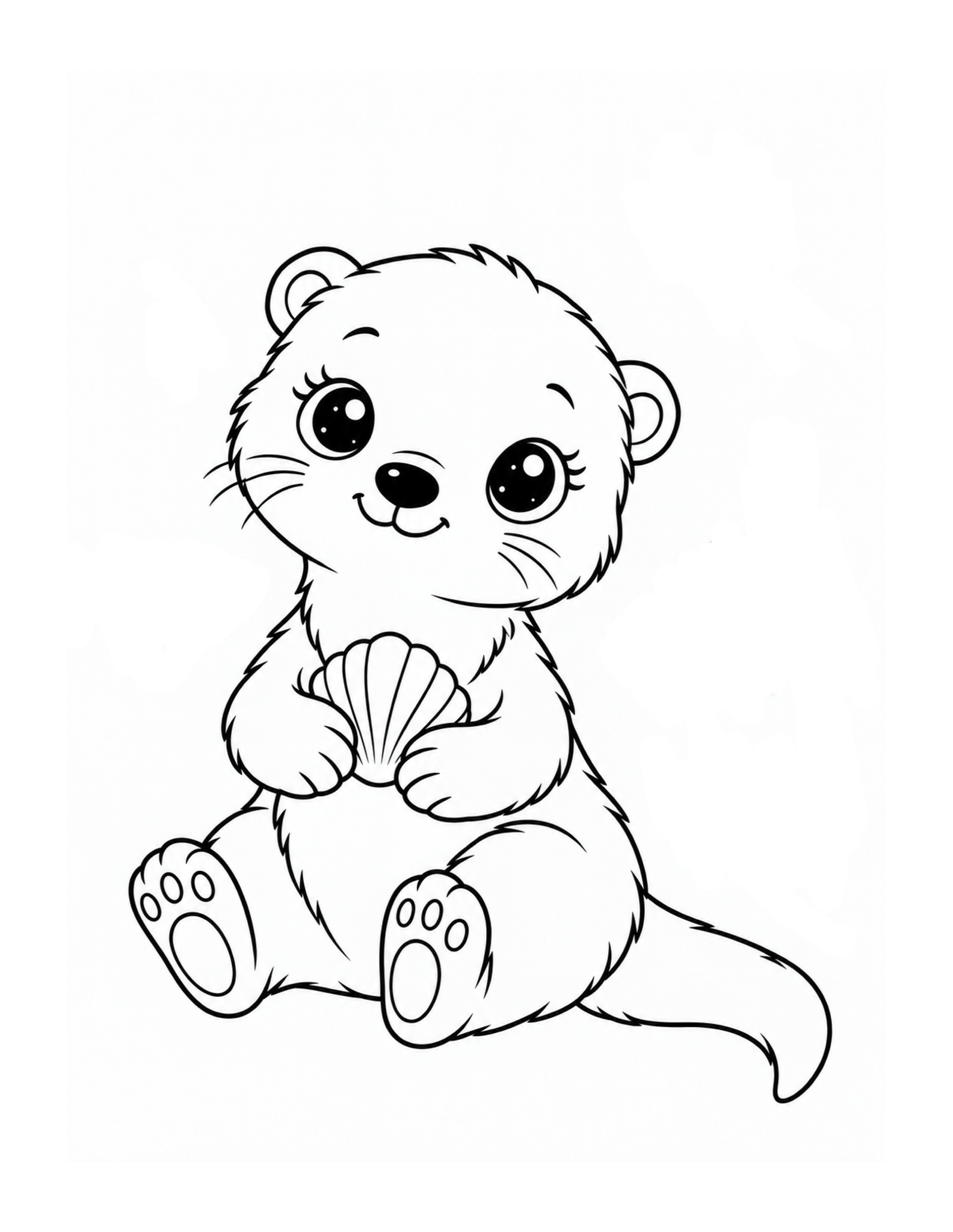 A sweet baby otter holds a seashell while sitting with its little paws forward.