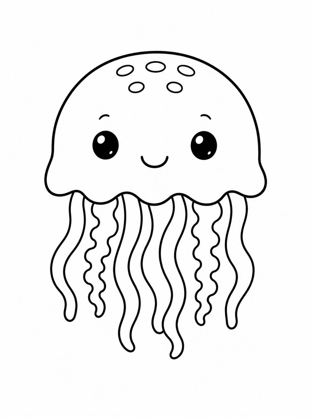 Color a smiling jellyfish with a rounded bell and flowing tentacles.